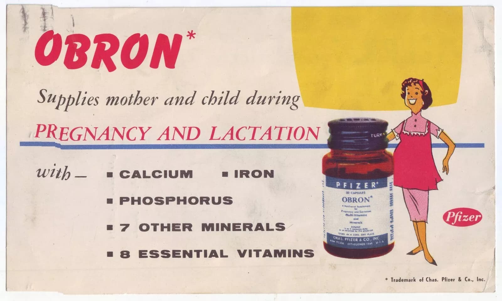 Vintage OBRON by Pfizer advertisement: supplies mother and child during pregnancy and lactation