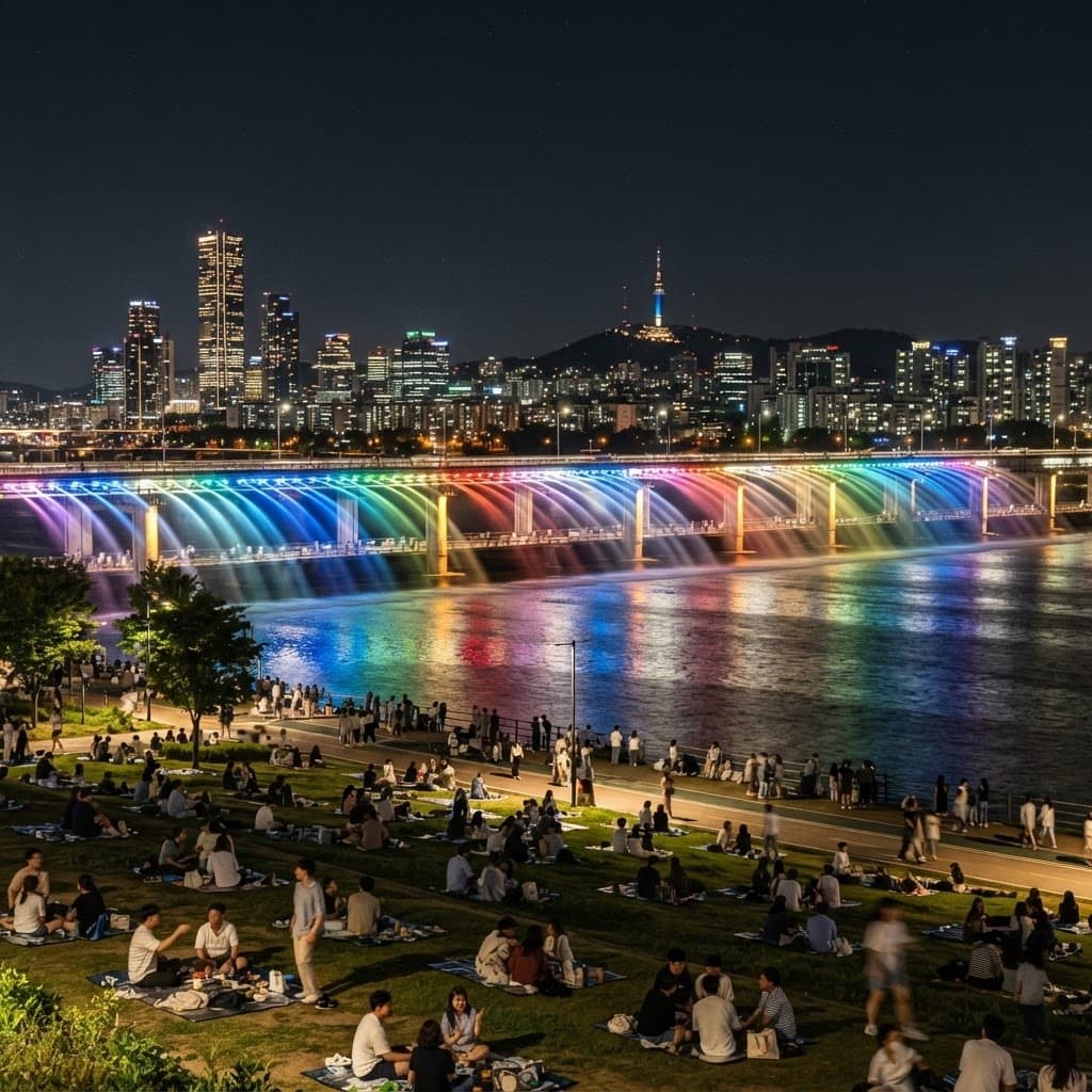 Banpo Bridge over the Han River at night with the illuminated Moonlight Rainbow Fountain and the Seoul city skyline glowing behind