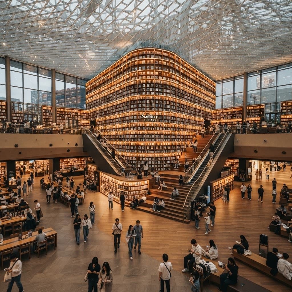 The Starfield Library at COEX Mall with enormous towering bookshelves rising to a soaring ceiling and visitors reading below