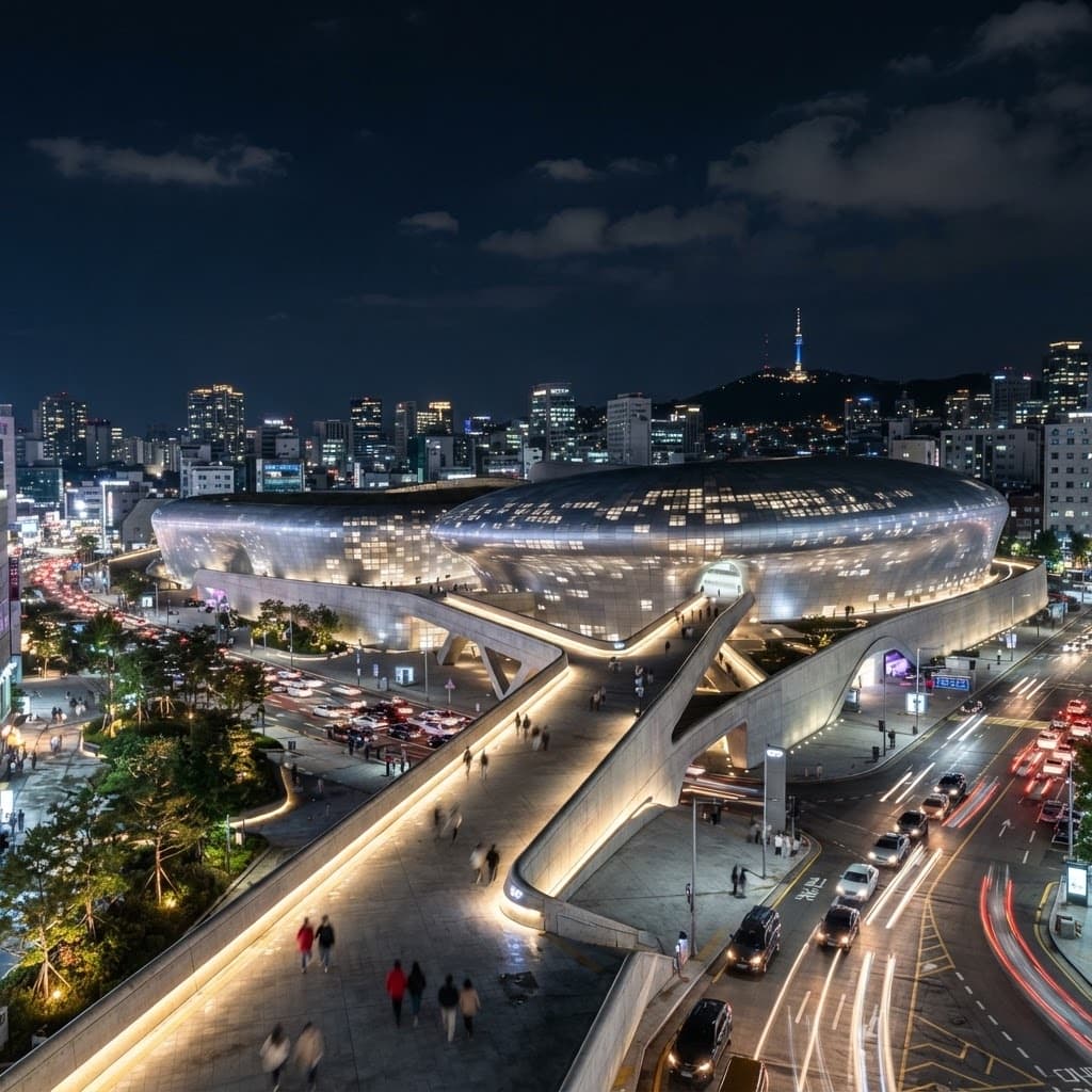 The Dongdaemun Design Plaza (DDP) at night, its futuristic flowing silver curves illuminated by LED lighting