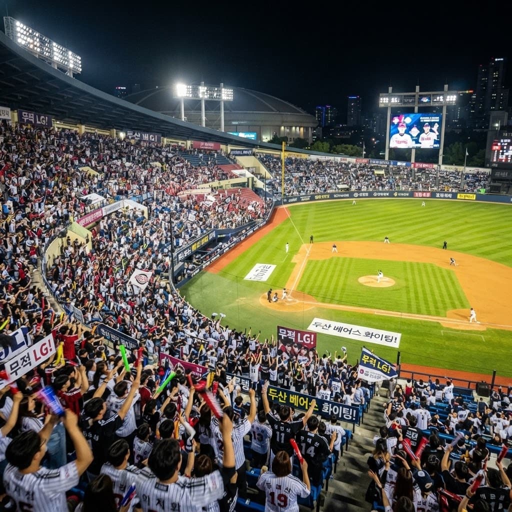 Packed Korean baseball stadium at night with passionate fans waving colorful cheering sticks under bright floodlights
