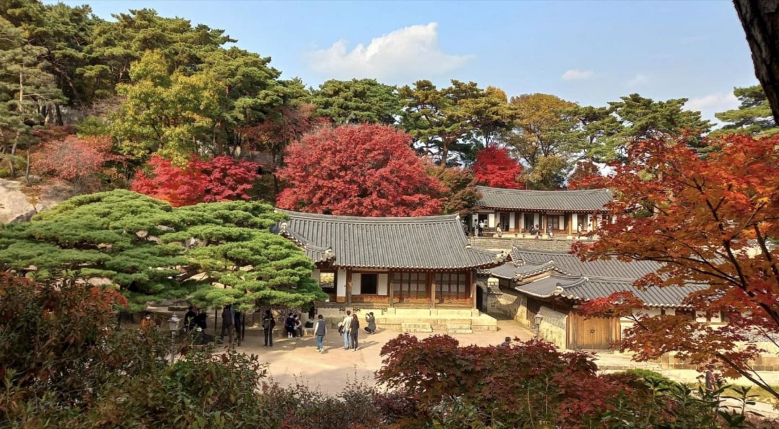 Traditional Korean hanok buildings surrounded by brilliant red and orange autumn foliage in the Seokpajeong garden