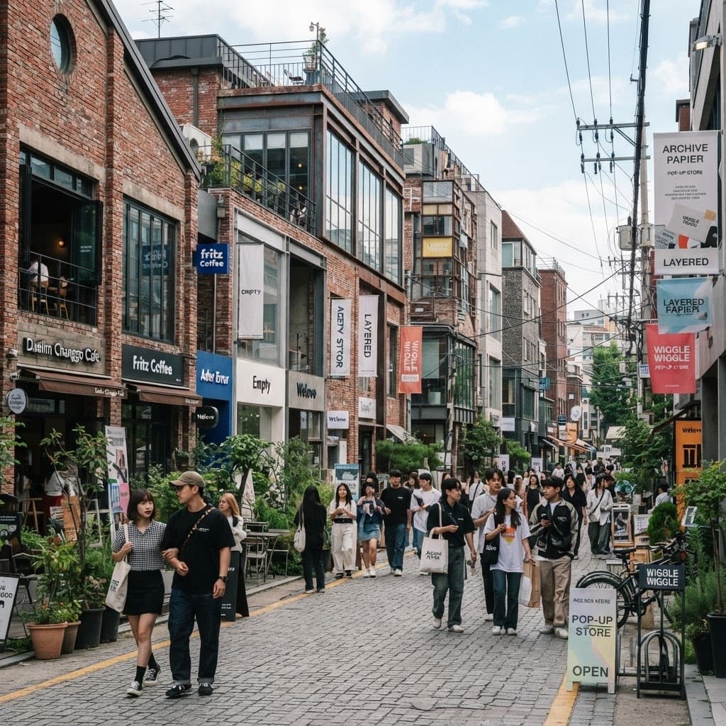 A Seongsu-dong street of renovated red-brick former factory buildings turned into stylish cafes and select shops with young people walking