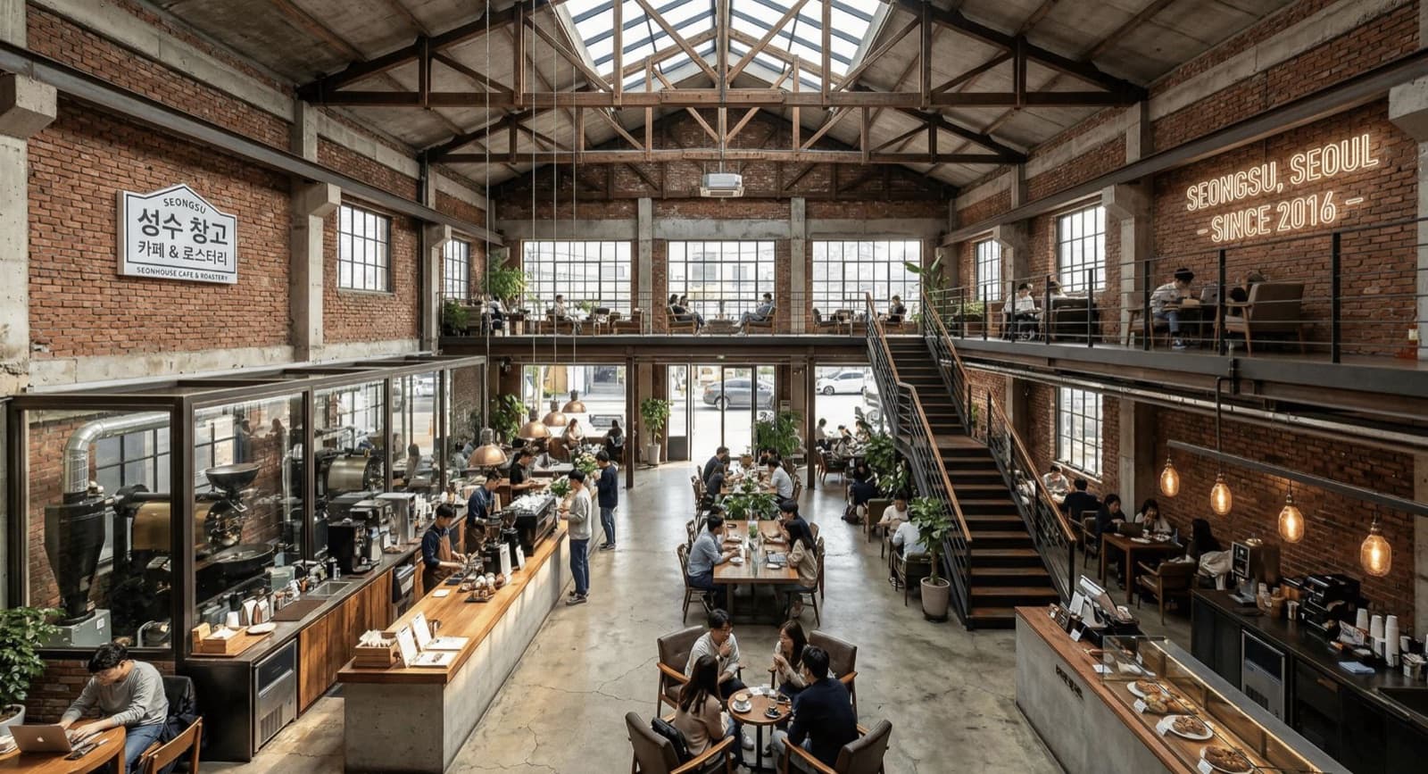 Interior of a Seongsu warehouse-conversion cafe and roastery with exposed brick walls, wooden roof trusses, a skylight, two levels, and coffee-roasting equipment
