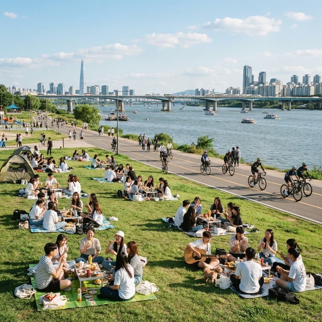 Sunny daytime at Ttukseom Hangang Park with young people picnicking on the grass and cyclists riding along the Han River path