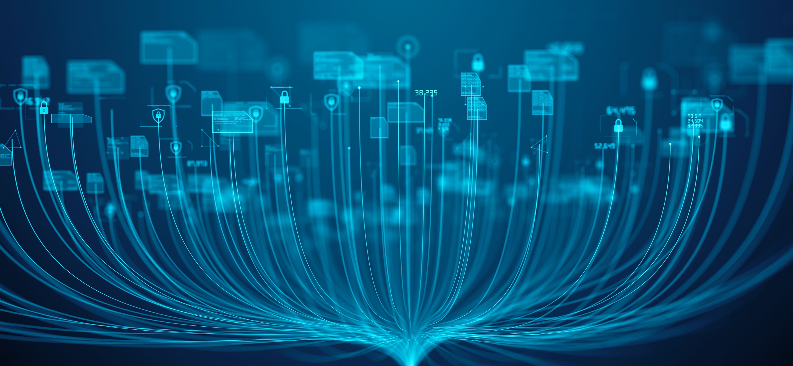 Abstract blue digital graphic with security icons and data streams